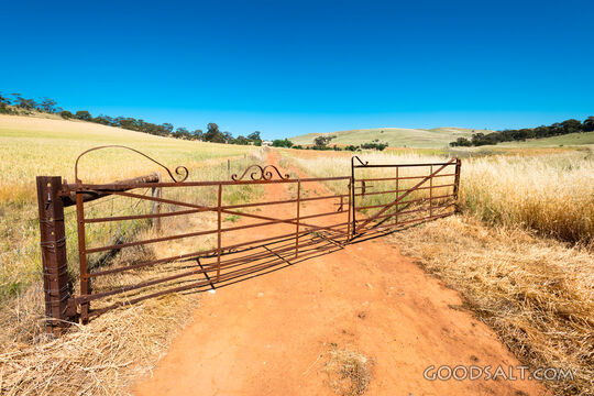Blacksmith made old gate at farm entrance.