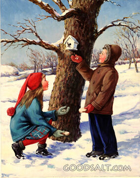 Boy and Girl in Snow at Bird House