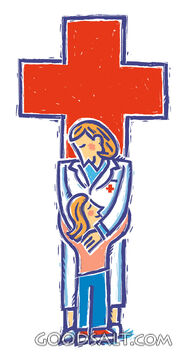 Child and Docotr in Front of Red Cross