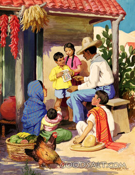 Child Showing Leaflet to Family 