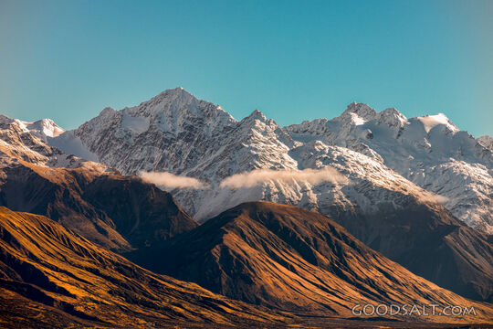 Close up on snow-covered peaks.
