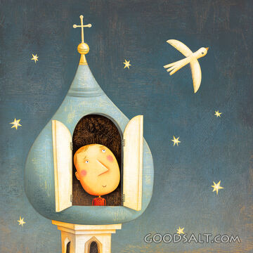 Dove Flying Past Russion Onion Dome With Man Looking