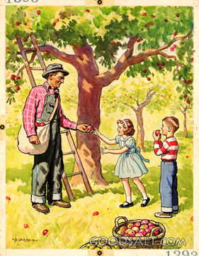 Farmer and Two Children in Apple Orchard