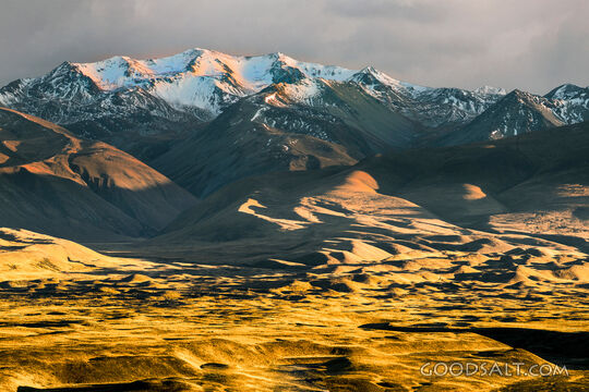 fierce early morning sun lights up yellow hilly foothills of mountain range.