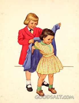 Girl Helping Smaller Child with Coat