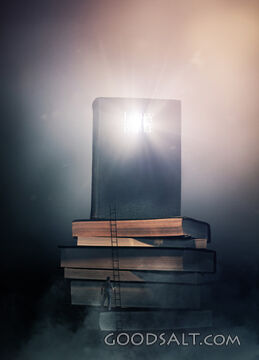 Glowing Bible on Stack of Books