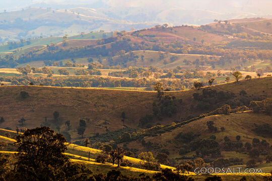 golden late sun bathes country scene and hillsides in misty light.
