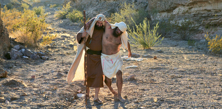 Injured Man Is Assisted to Walk by Good Samaritan