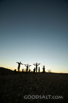 Three men crucified on the cross with a small crowd watching.