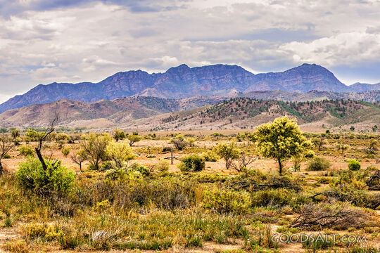 large areas of blue and yellow features in this distant outback scene