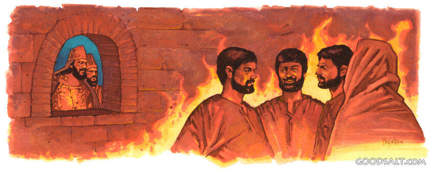 Shadrach, Meshach and Abednego with an angel in the fire, while  King Nebuchadnezzar watches.