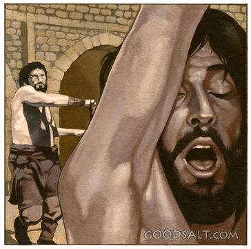 A biblical character being punished with a whip.
