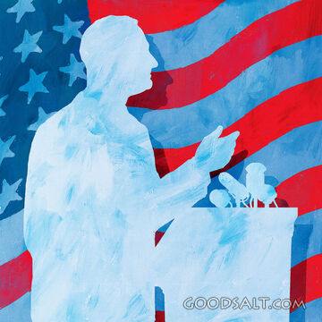 Man at Lectern With American Flag behind Him