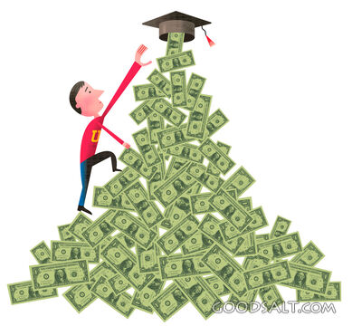 Man Climbing Pile of Money to Graduation Cap
