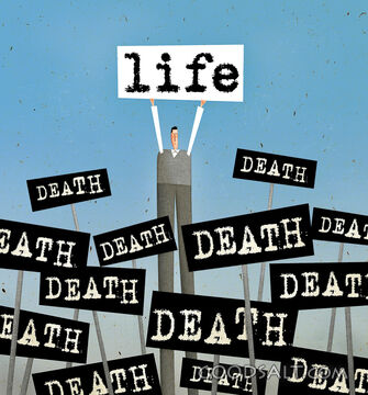 Man Holding Sign for Life in Sea of Death