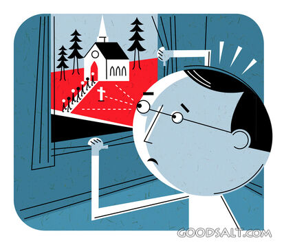 Man Looking Out Windo Window Atpeople Going to Church