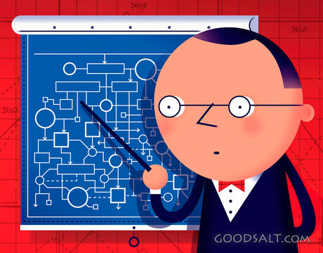 Man Pointing at Complex Flow Chart