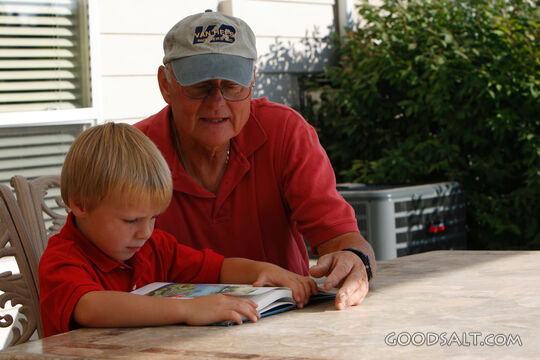 Man reading to little boy on patio.