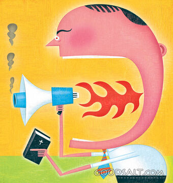 Man With Bible Yelling With Fire Through Megaphone