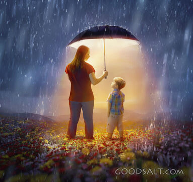 Mother and Son under umbrella