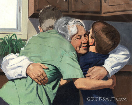 Older Woman Hugging 2 Young Boys