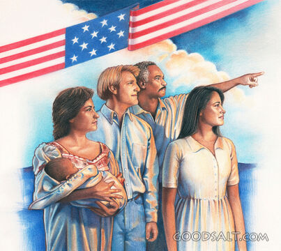 People behind American Flag