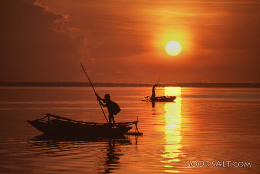 People Poling Outrigger Dugouts at Kaisiga, Trobriands