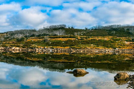 Rocky shoreline mirrored in alpine lake.