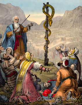 Moses lifts up brasen brazen serpent in wilderness people look and are healed