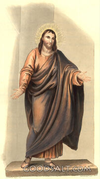 Jesus says come to me with arms outstretched smiling