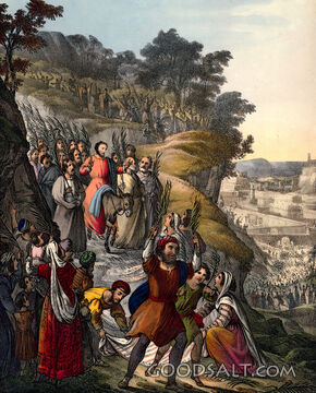 Jesus riding on a colt on Palm Sunday into Jerusalem