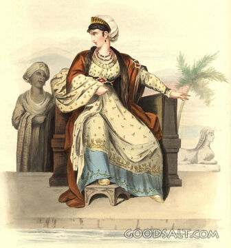 Queen Pharaoh's daughter Cleopatra sitting with servant foot stool in Egypt