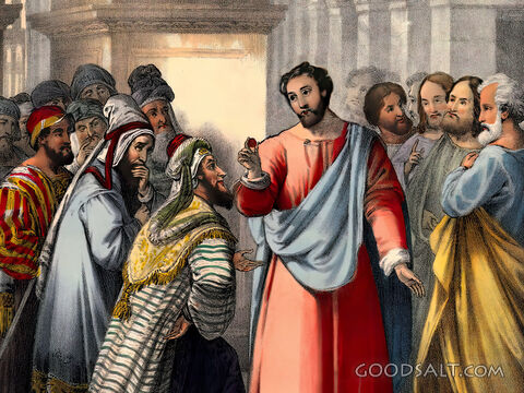 Render to Caesar Jesus with coin Pharisees in Temple