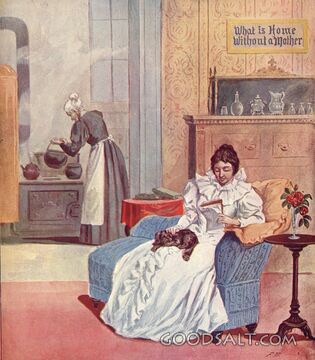 lady read magazine pet dog in lap cooking meal stove antique mother no children