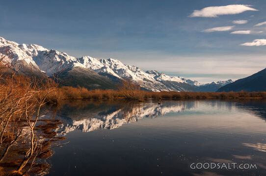 Snowy mountain range reflection.