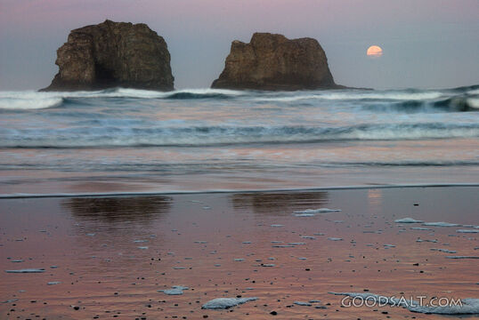 Sunrise and Moonset over Twin Rocks