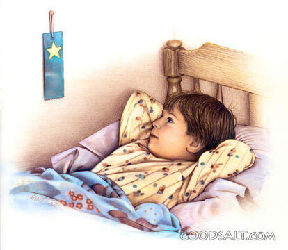 Toddler Boy Laying Bed Looking at Ribbon Star 