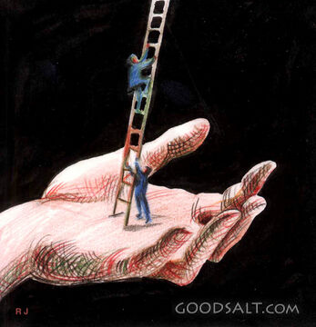 Two Men Climbing a Ladder on God's Hand