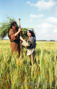 Woman and Child Harvesting Grain