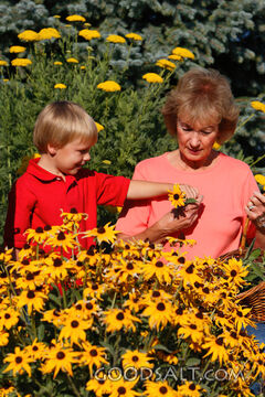Woman and Little Boy in Flower Garden in Summer.