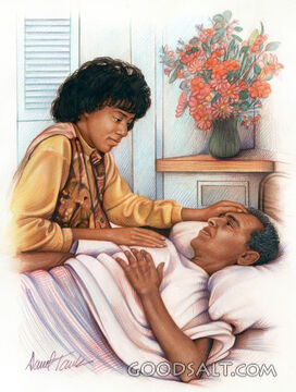 Woman Attends to Man in Bed