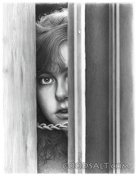 Woman Peeking Through Chained Door