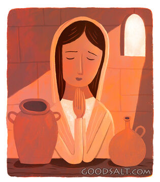 Woman Praying With Food Jugs