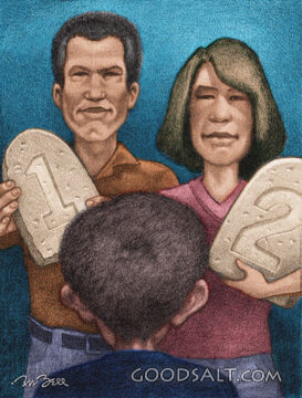 A father and mother teaching their son about the ten commandments.