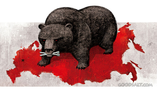 A Bear With Missals in It&#039;s Mouth Stands over Red Russia