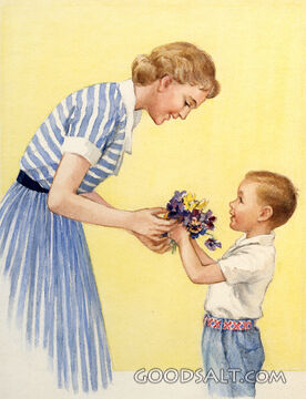 Boy Giving Bouquet of Flowers to Lady