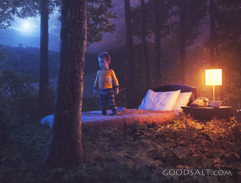 Child in bedroom in forest