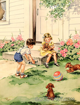 Children Feeding Puppies