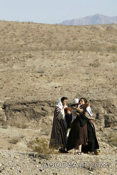 Distant View of Two of Three Isrealite Woman Embracing While