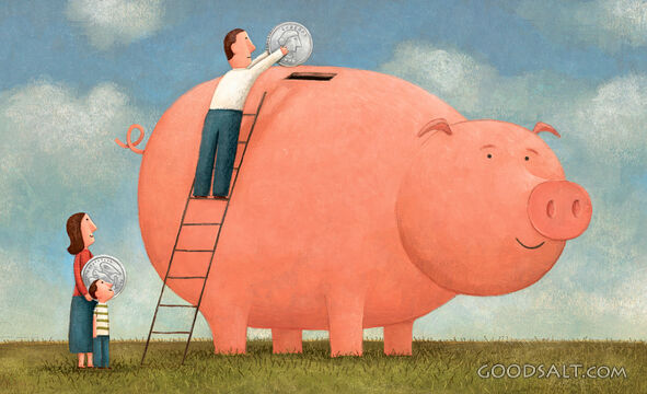Family Putting Money Into Piggy Bank